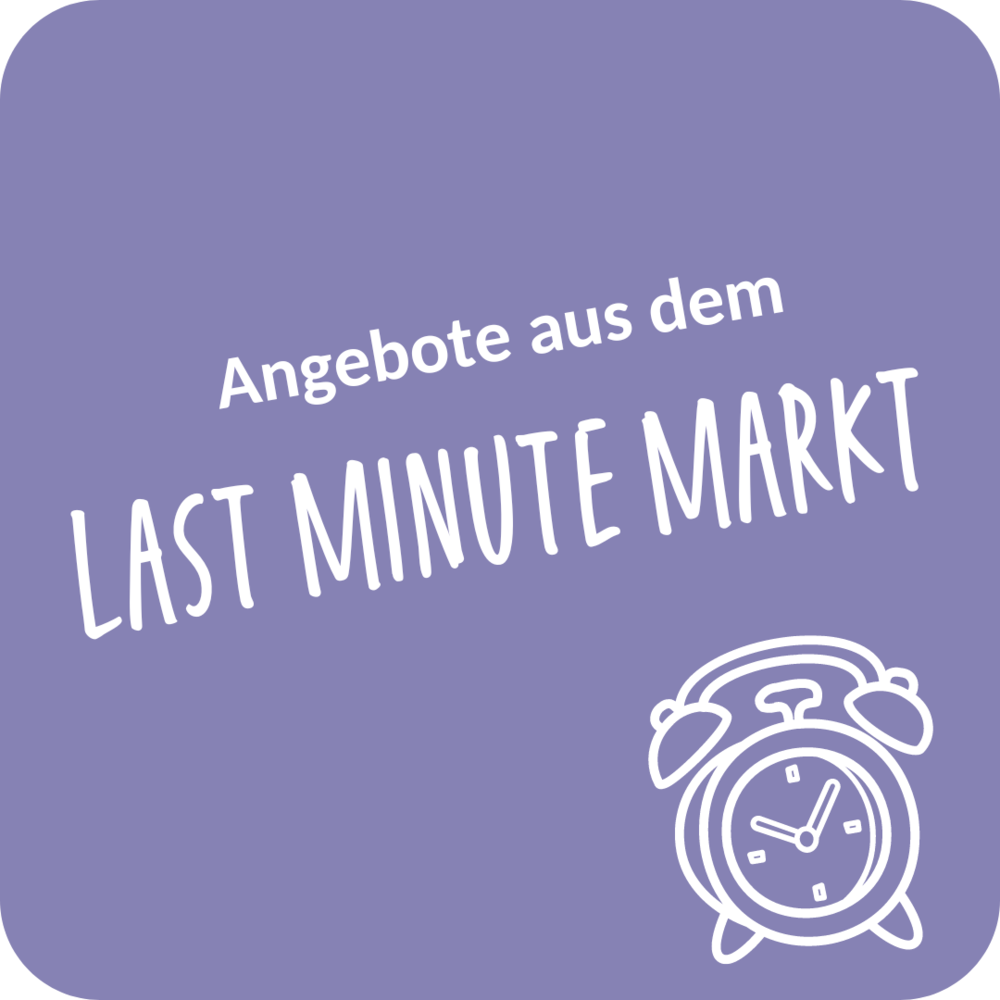 Weiße Schrift auf lila Hintergrund die besagt: „Angebote aus dem Last Minute Markt“