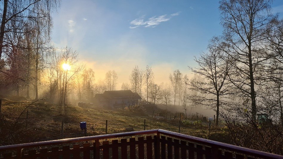 Morgendämmerung in einer ländlichen Landschaft mit aufgehender Sonne, Nebel zwischen den Bäumen und einem Holzhaus im Hintergrund.